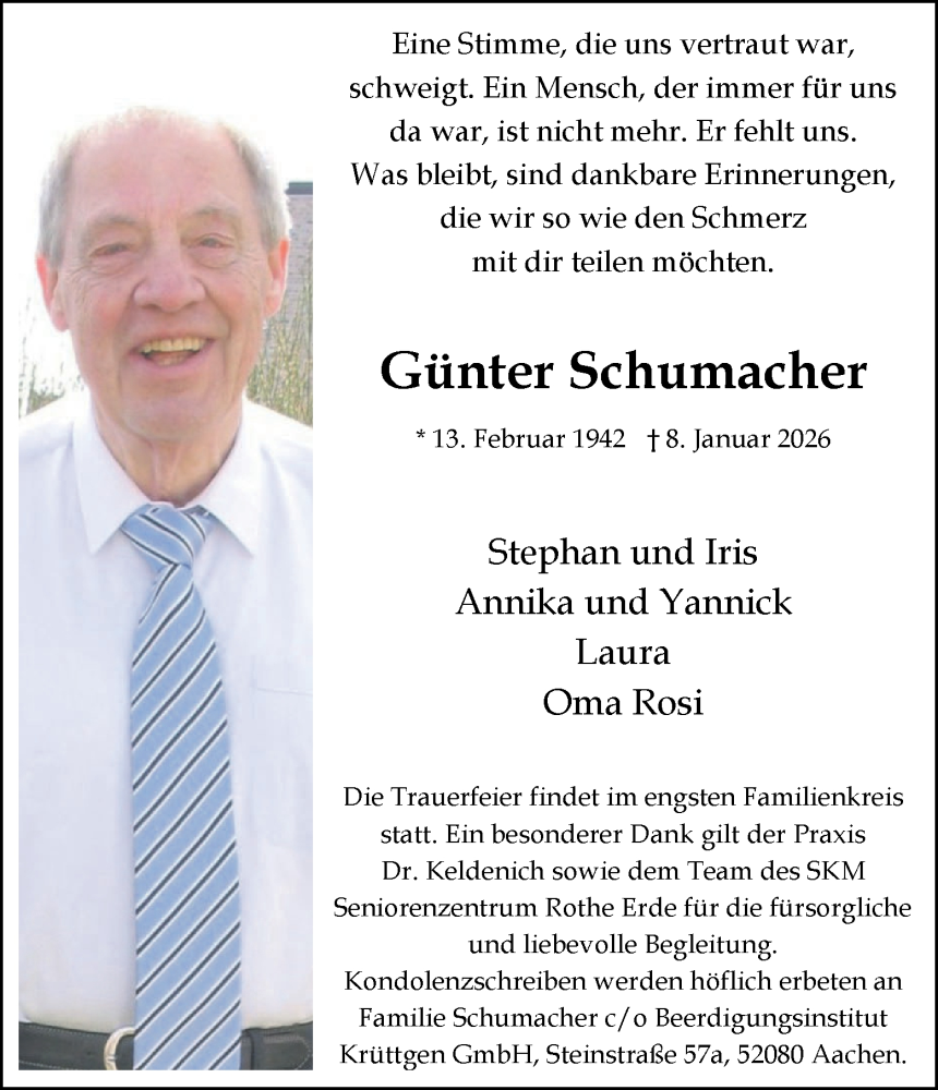  Traueranzeige für Günter Schumacher vom 17.01.2026 aus Aachener Zeitung