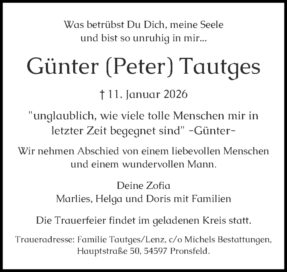  Traueranzeige für Günter Tautges vom 01.02.2026 aus Zeitung am Sonntag