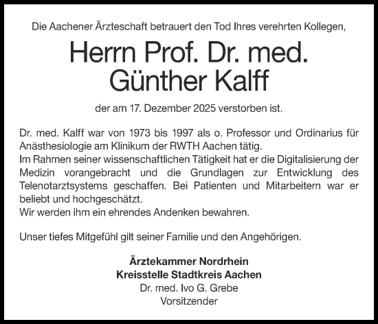 Traueranzeige von Günther Kalff von Aachener Zeitung