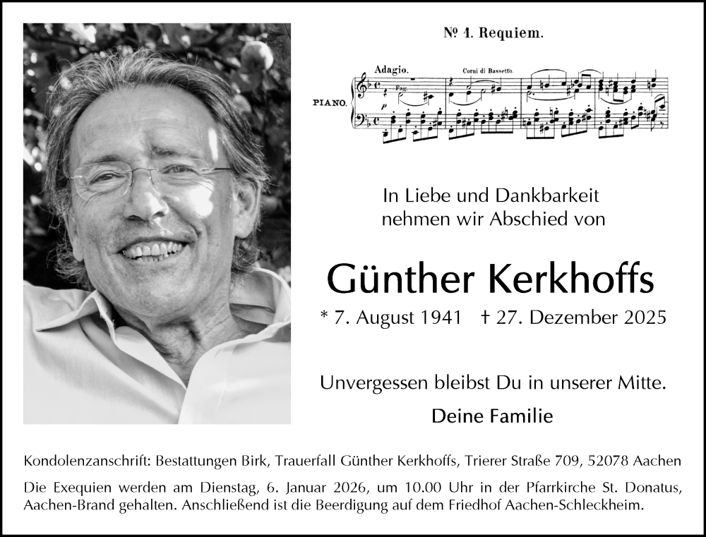  Traueranzeige für Günther Kerkhoffs vom 03.01.2026 aus Aachener Zeitung