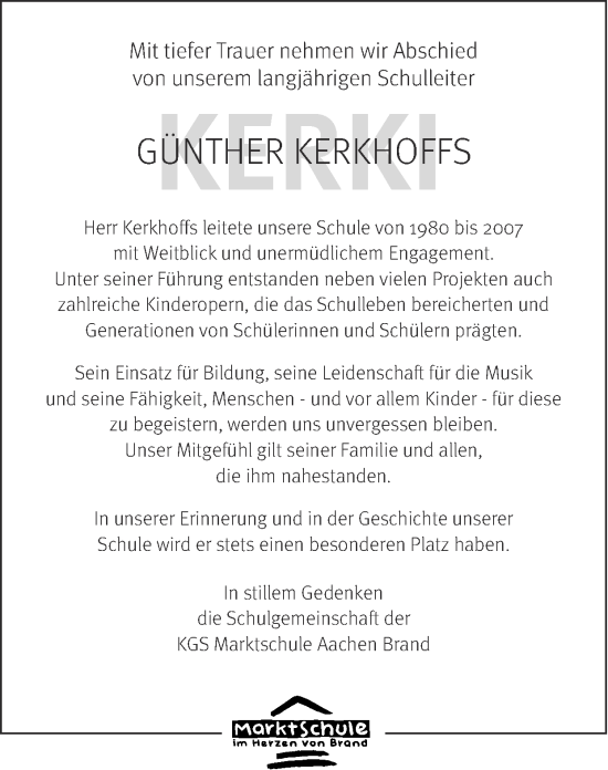 Traueranzeige von Günther Kerkhoffs von Zeitung am Sonntag