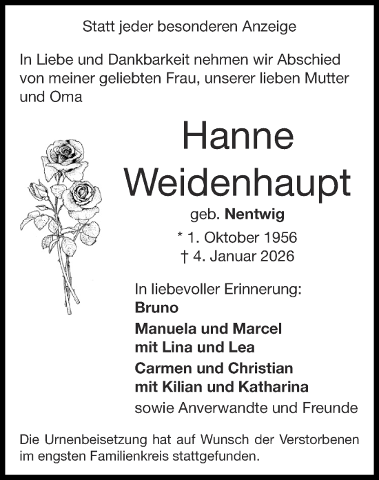 Traueranzeige von Hanne Weidenhaupt von Zeitung am Sonntag