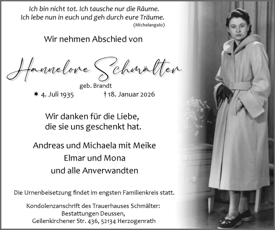 Traueranzeige von Hannelore Schmälter von Zeitung am Sonntag