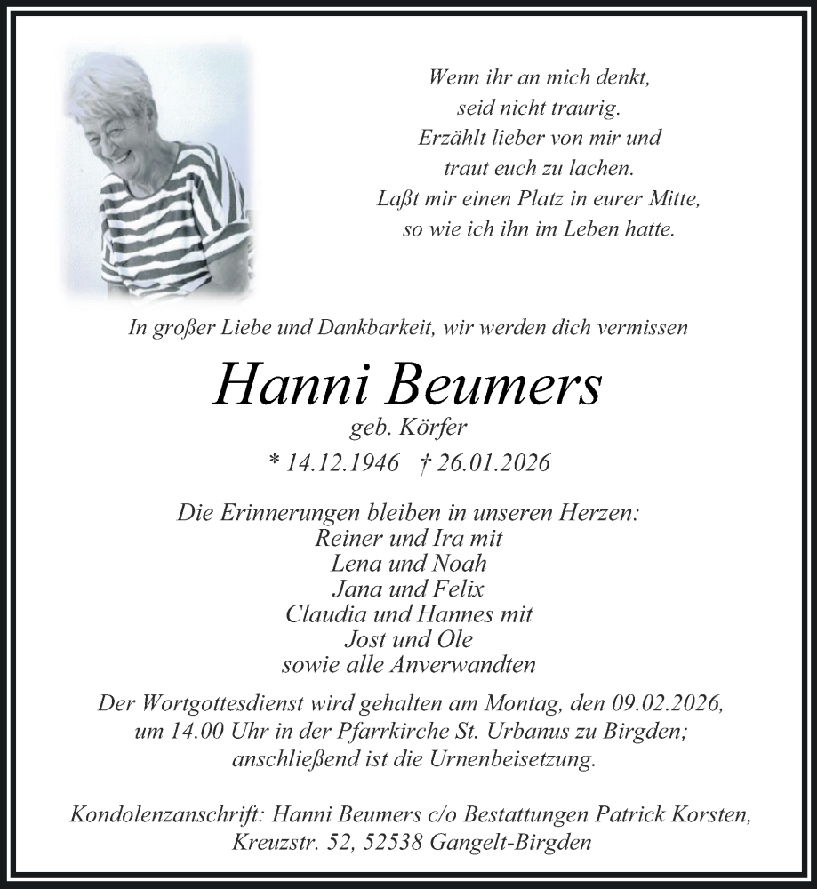  Traueranzeige für Hanni Beumers vom 01.02.2026 aus Zeitung am Sonntag