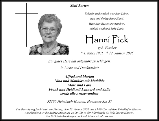 Traueranzeige von Hanni Pick von Aachener Zeitung