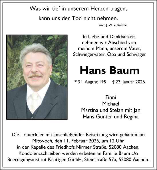 Traueranzeige von Hans Baum von Zeitung am Sonntag