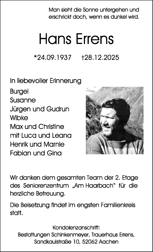  Traueranzeige für Hans Errens vom 11.01.2026 aus Zeitung am Sonntag