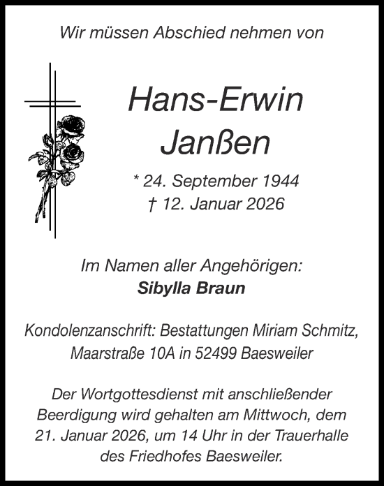 Traueranzeige von Hans-Erwin Janßen von Zeitung am Sonntag
