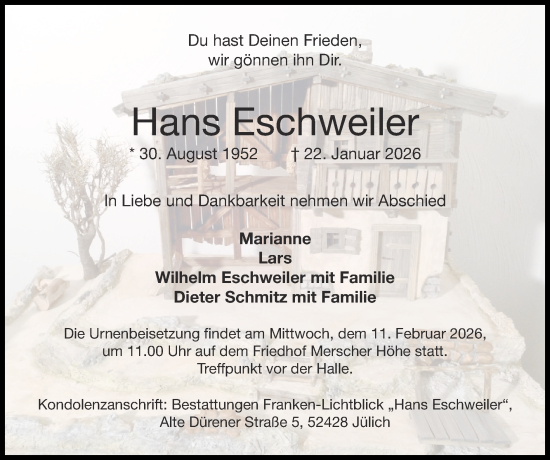 Traueranzeige von Hans Eschweiler von Zeitung am Sonntag