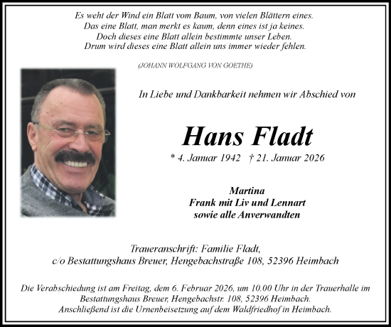 Traueranzeige von Hans Fladt von Zeitung am Sonntag