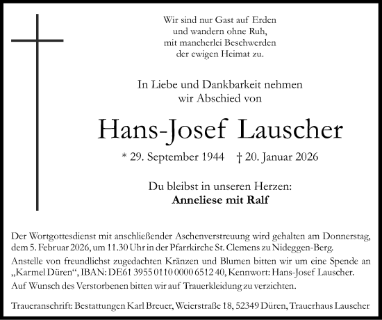 Traueranzeige von Hans-Josef Lauscher von Zeitung am Sonntag
