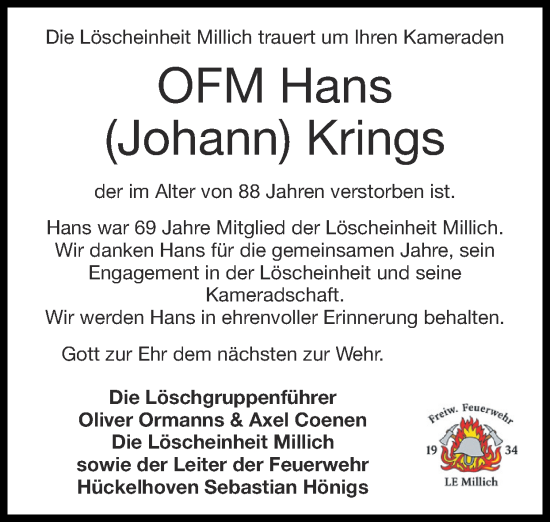 Traueranzeige von Hans Krings von Zeitung am Sonntag