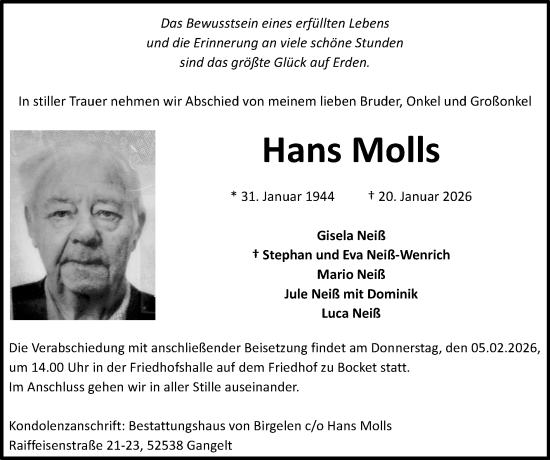 Traueranzeige von Hans Molls von Zeitung am Sonntag