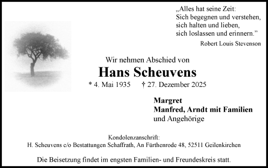 Traueranzeige von Hans Scheuvens von Zeitung am Sonntag