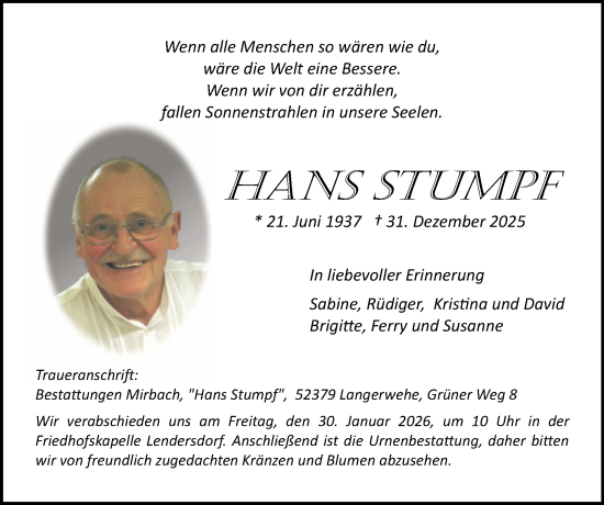 Traueranzeige von Hans Stumpf von Zeitung am Sonntag