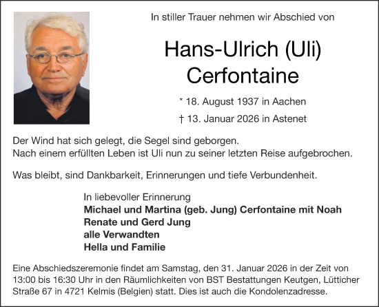 Traueranzeige von Hans-Ulrich Cerfontaine von Zeitung am Sonntag