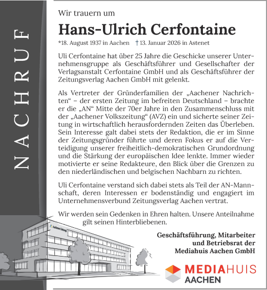 Traueranzeige von Hans-Ulrich Cerfontaine von Zeitung am Sonntag