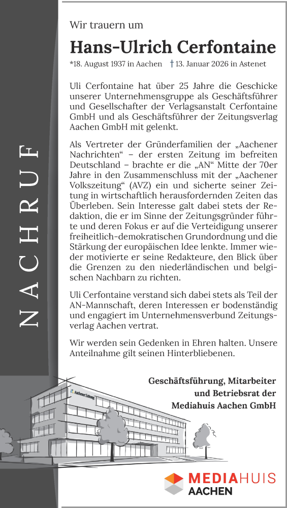  Traueranzeige für Hans-Ulrich Cerfontaine vom 24.01.2026 aus Aachener Zeitung