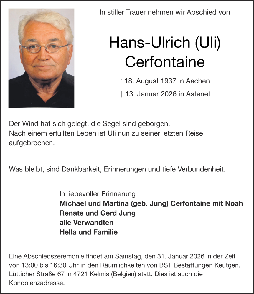  Traueranzeige für Hans-Ulrich Cerfontaine vom 24.01.2026 aus Aachener Zeitung