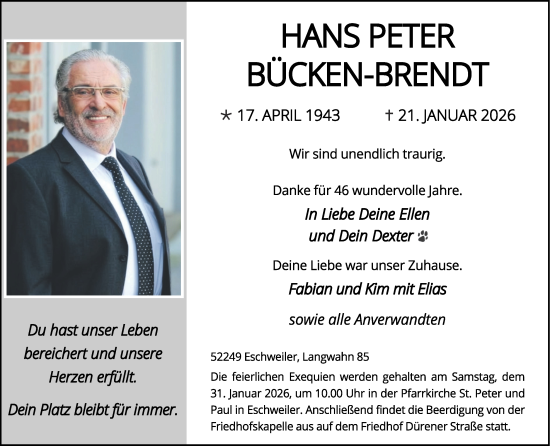Traueranzeige von Hans Peter Bücken-Brendt von Zeitung am Sonntag