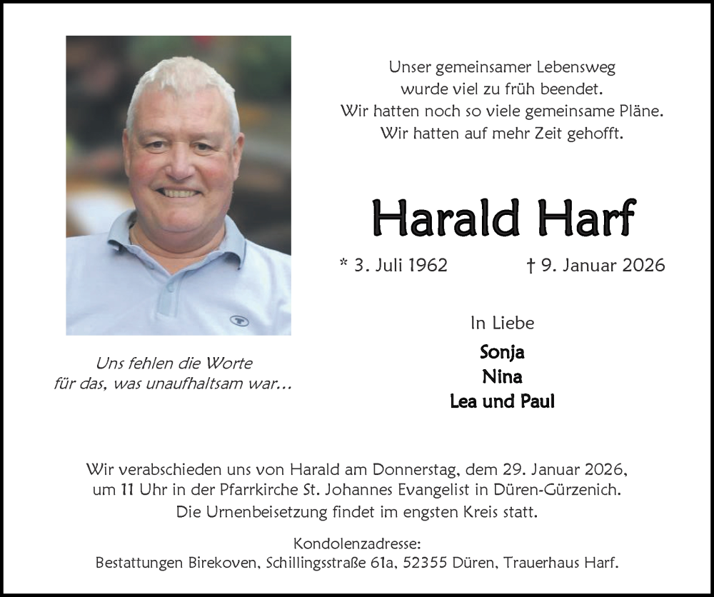  Traueranzeige für Harald Harf vom 18.01.2026 aus Zeitung am Sonntag