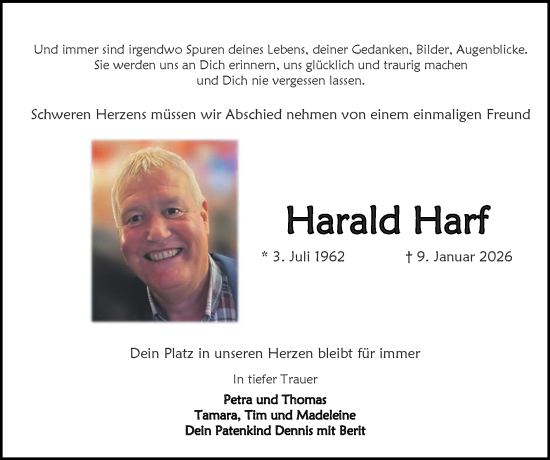 Traueranzeige von Harald Harf von Zeitung am Sonntag