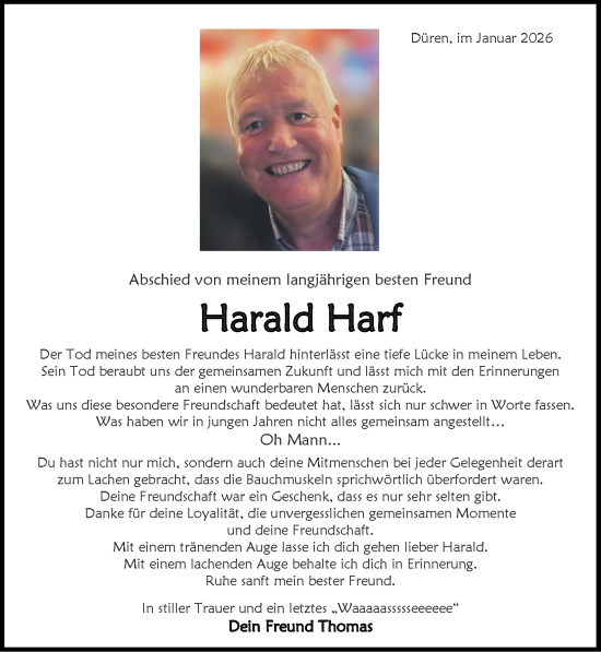 Traueranzeige von Harald Harf von Zeitung am Sonntag