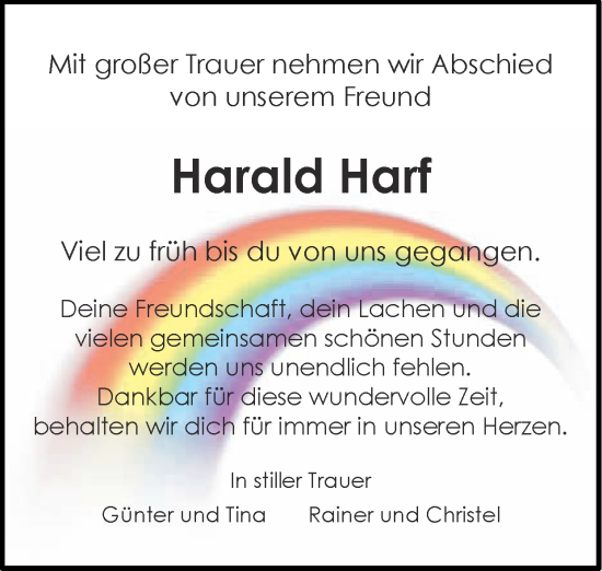 Traueranzeige von Harald Harf von Zeitung am Sonntag