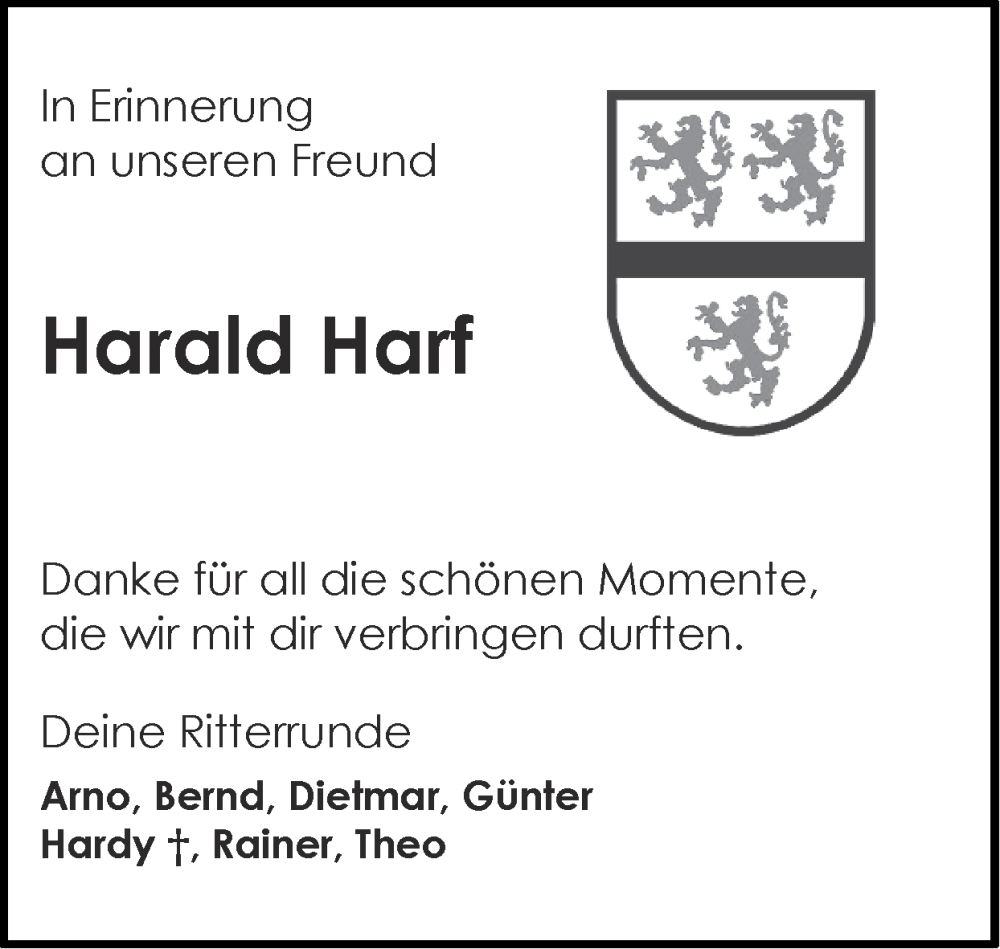  Traueranzeige für Harald Harf vom 18.01.2026 aus Zeitung am Sonntag