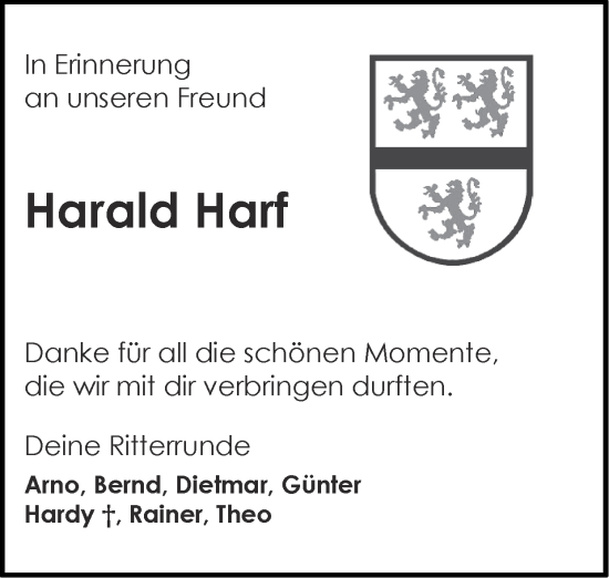 Traueranzeige von Harald Harf von Zeitung am Sonntag