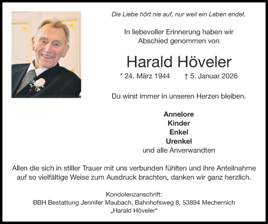 Traueranzeige von Harald Höveler von Zeitung am Sonntag