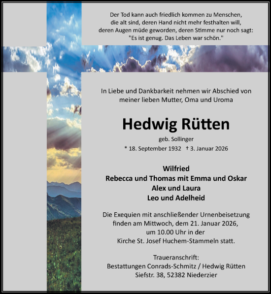 Traueranzeige von Hedwig Rütten von Zeitung am Sonntag