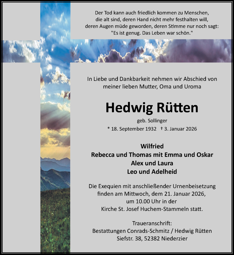  Traueranzeige für Hedwig Rütten vom 18.01.2026 aus Zeitung am Sonntag