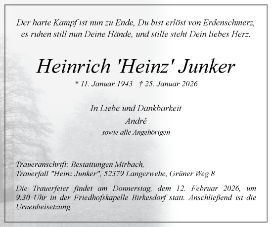 Traueranzeige von Heinrich Junker von Zeitung am Sonntag