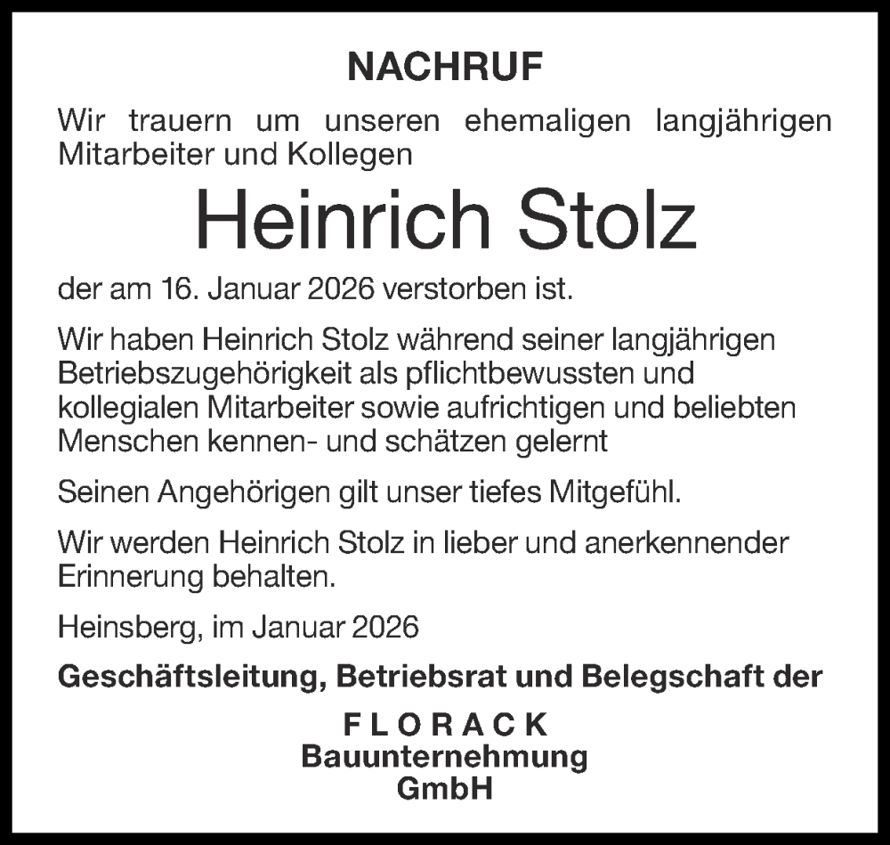  Traueranzeige für Heinrich Stolz vom 01.02.2026 aus Zeitung am Sonntag