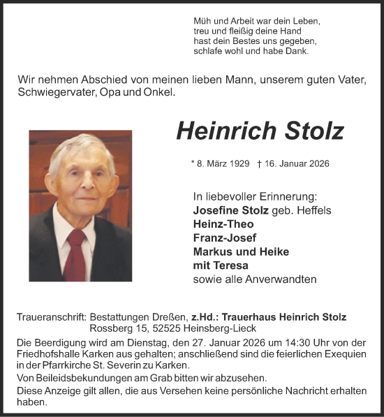 Traueranzeige von Heinrich Stolz von Zeitung am Sonntag