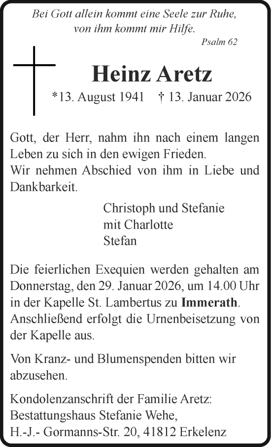 Traueranzeige von Heinz Aretz von Zeitung am Sonntag