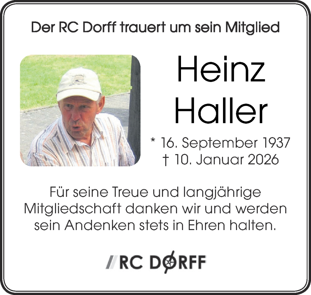  Traueranzeige für Heinz Haller vom 18.01.2026 aus Zeitung am Sonntag