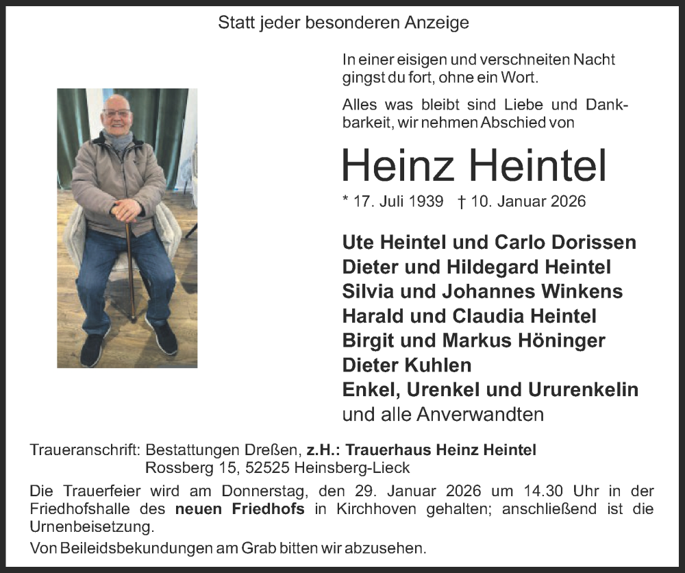  Traueranzeige für Heinz Heintel vom 25.01.2026 aus Zeitung am Sonntag