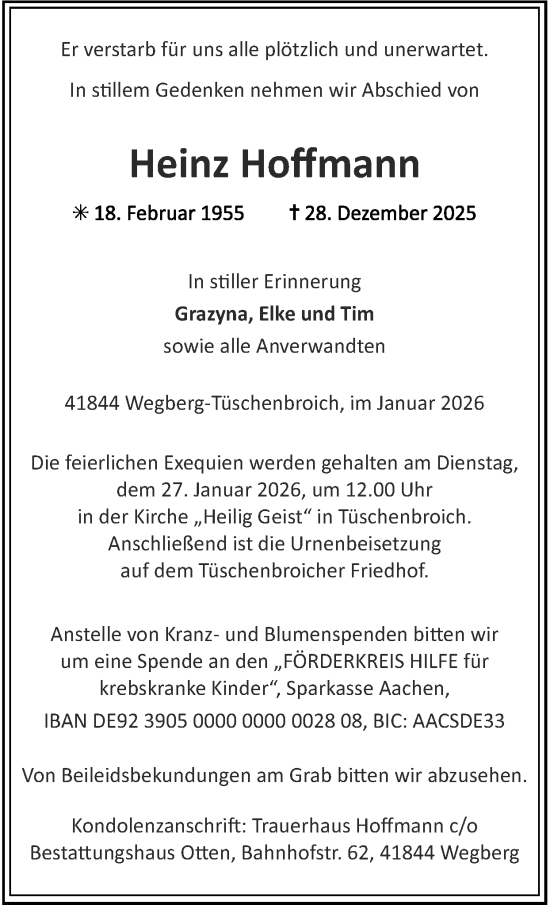 Traueranzeige von Heinz Hoffmann von Zeitung am Sonntag