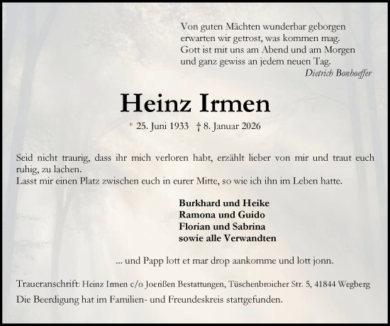 Traueranzeige von Heinz Irmen von Zeitung am Sonntag