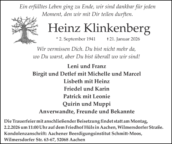 Traueranzeige von Heinz Klinkenberg von Zeitung am Sonntag