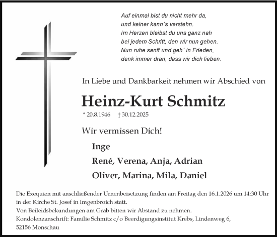 Traueranzeige von Heinz-Kurt Schmitz von Aachener Zeitung
