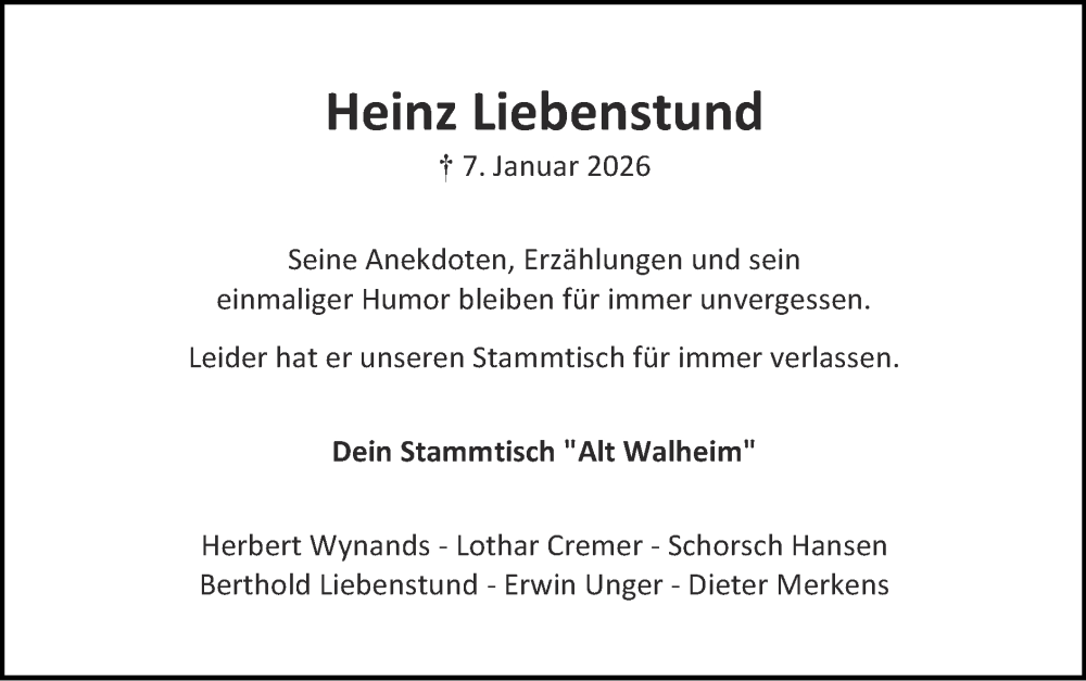  Traueranzeige für Heinz Liebenstund vom 25.01.2026 aus Zeitung am Sonntag