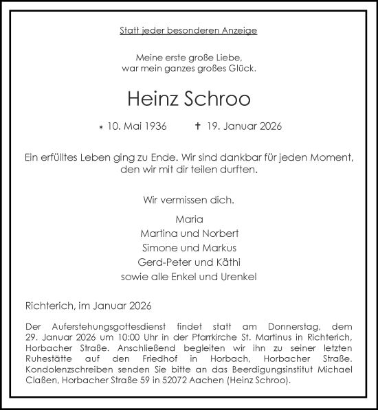 Traueranzeige von Heinz Schroo von Zeitung am Sonntag