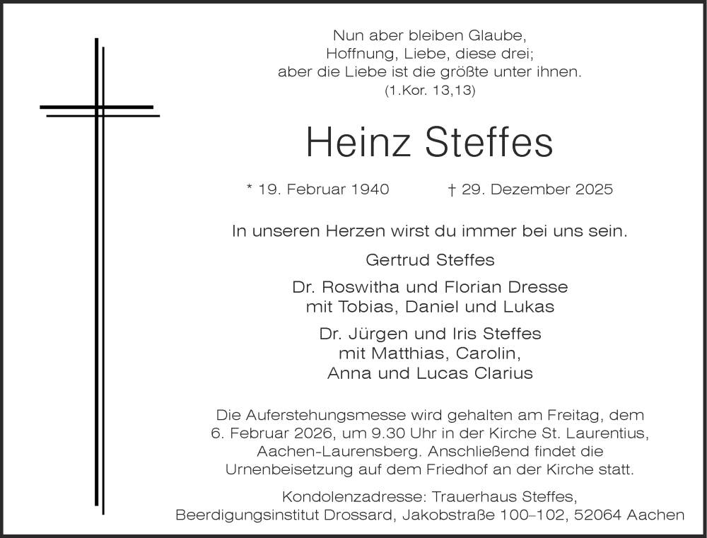  Traueranzeige für Heinz Steffes vom 31.01.2026 aus Aachener Zeitung