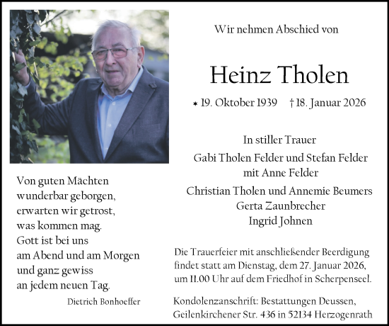 Traueranzeige von Heinz Tholen von Zeitung am Sonntag