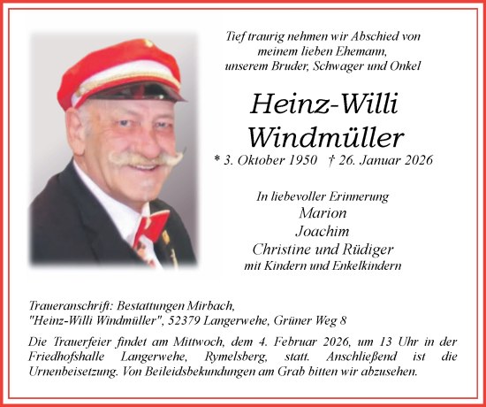 Traueranzeige von Heinz-Willi Windmüller von Zeitung am Sonntag