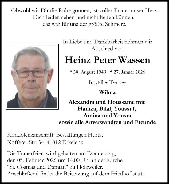 Traueranzeige von Heinz Peter Wassen von Zeitung am Sonntag