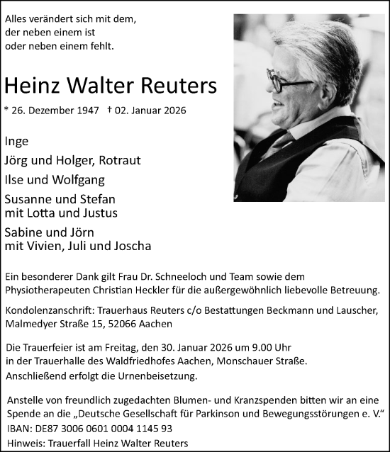 Traueranzeige von Heinz Walter Reuters von Aachener Zeitung